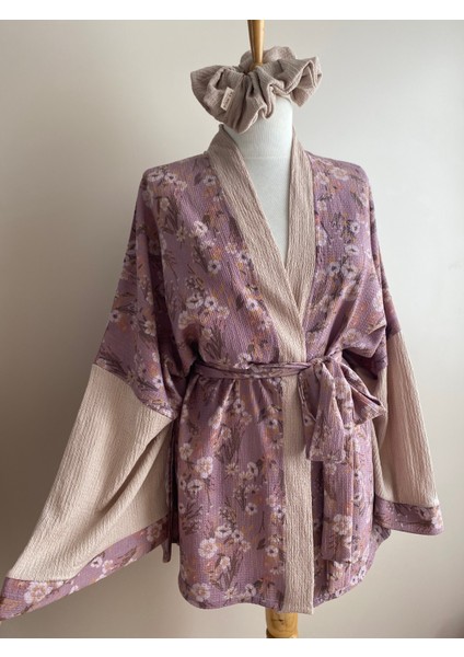 Tokalı Kuşaklı Kadın Kimono Set - Renkli Çiçekli