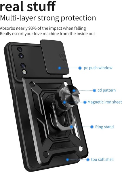 Honor 70 Kılıf Kamera Korumalı Sürgülü Yüzüklü Standlı Armor Military Tank Kızaklı Silikon Sert Kapak