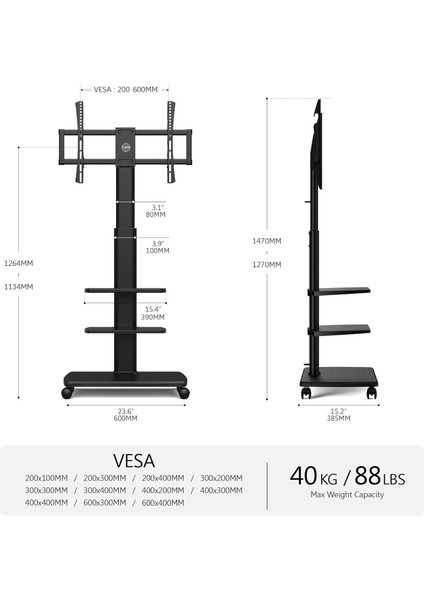 Tekerlekli ve 3 Raflı Tv Ünite Sehpası Yüksekliği Ayarlanabilir Tv Ünitesi 32-70 Inç Tv'ler Için