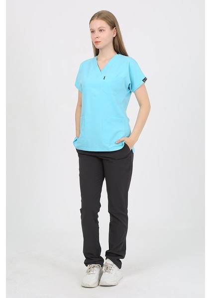 Turkuaz - Füme Kombin Unisex Uniforma (Likralı) S - Takım - Hayır Isim Yazılmasın