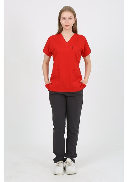 Kırmızı - Füme Kombin Unisex Uniforma (Likralı) S - Takım - Hayır Isim Yazılmasın