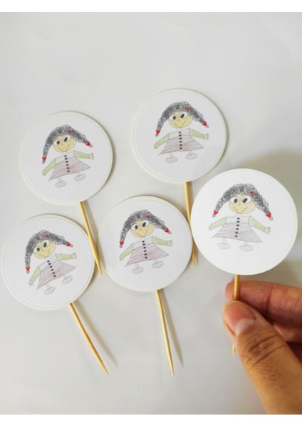 30 Adet Dekoratif Yuvarlak Bayraklı Kızçe Baskılı Pasta Kürdanı 6,5 cm