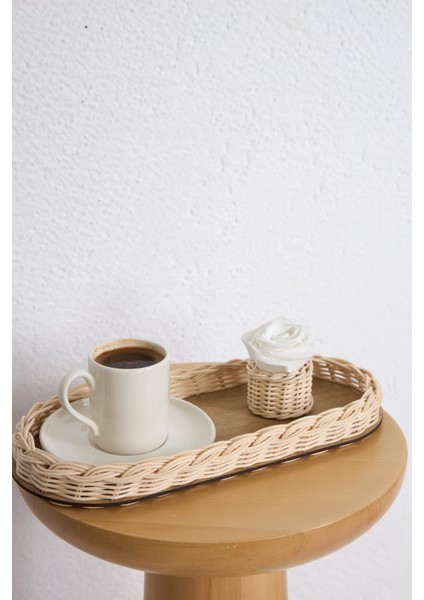 2'li Set Rattan Düzenleyici & Rattan Güllük Sunum Seti Düzenleyici Tepsi, Kahve Sunumluğu