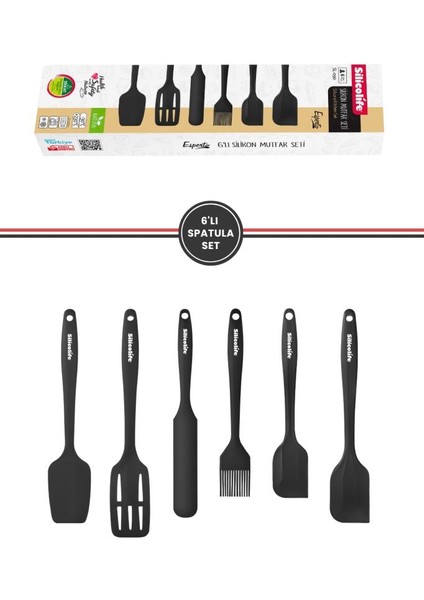 Silikon Mutfak Seti 6’lı, Isıya Dayanıklı Yanmaz Yapışmaz Silikon Spatula Seti 6 Parça Siyah