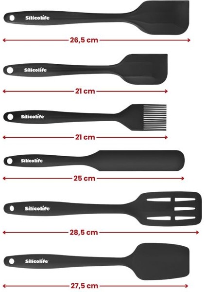 Silikon Mutfak Seti 6’lı, Isıya Dayanıklı Yanmaz Yapışmaz Silikon Spatula Seti 6 Parça Siyah