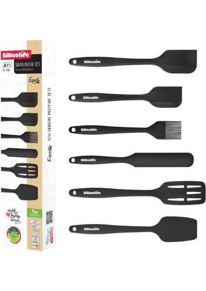 Silikon Mutfak Seti 6’lı, Isıya Dayanıklı Yanmaz Yapışmaz Silikon Spatula Seti 6 Parça Siyah