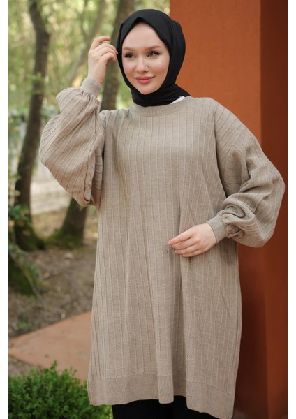 Balon Kol Triko Tunik Vizon HM2519 modelleri