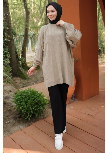 Balon Kol Triko Tunik Vizon HM2519 indirimleri