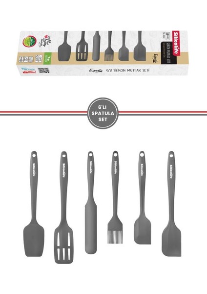 Silikon Mutfak Seti 6’lı, Isıya Dayanıklı Yanmaz Yapışmaz Silikon Spatula Seti 6 Parça Gri