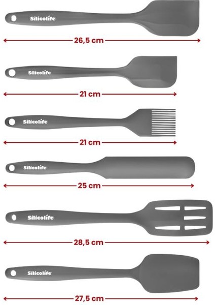 Silikon Mutfak Seti 6’lı, Isıya Dayanıklı Yanmaz Yapışmaz Silikon Spatula Seti 6 Parça Gri