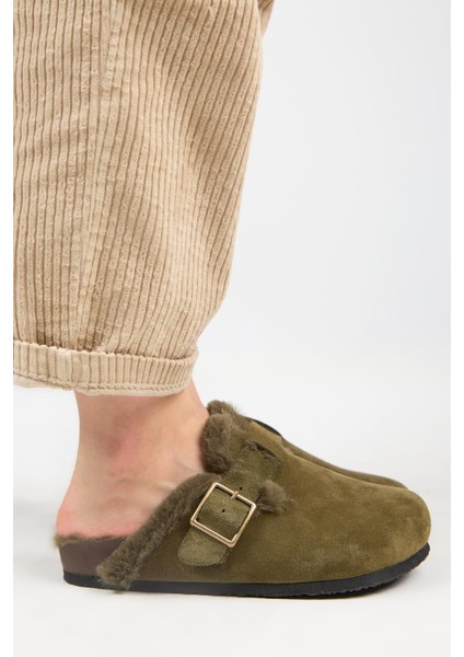 (Zeta 2 Kürklü ) Kadın Deri Kemerli Tokalı Sabo Haki Terlik fiyatları