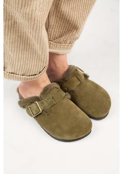 (Zeta 2 Kürklü ) Kadın Deri Kemerli Tokalı Sabo Haki Terlik modelleri