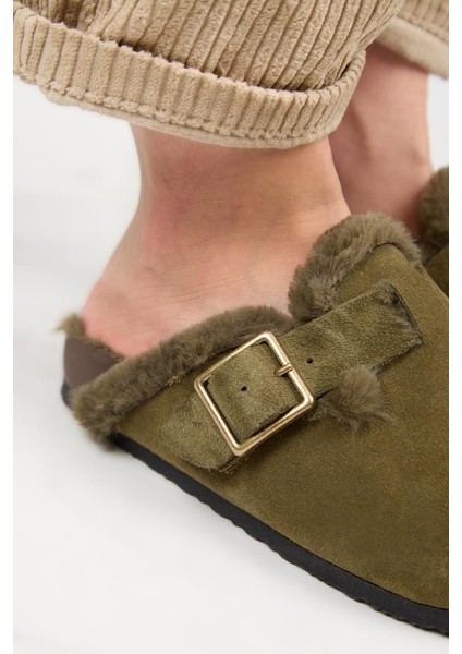 (Zeta 2 Kürklü ) Kadın Deri Kemerli Tokalı Sabo Haki Terlik fırsatları