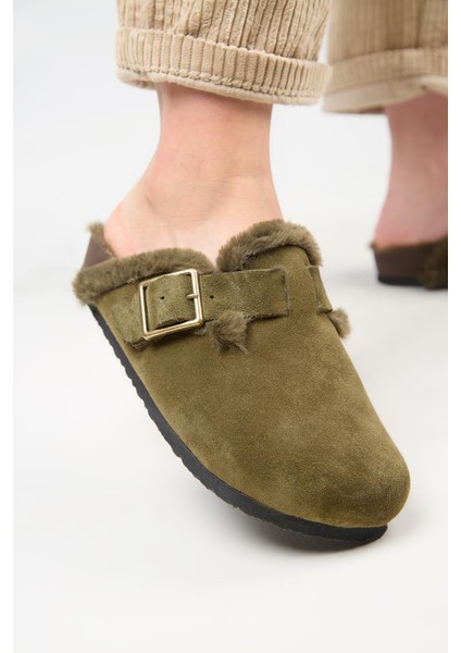 (Zeta 2 Kürklü ) Kadın Deri Kemerli Tokalı Sabo Haki Terlik indirimleri