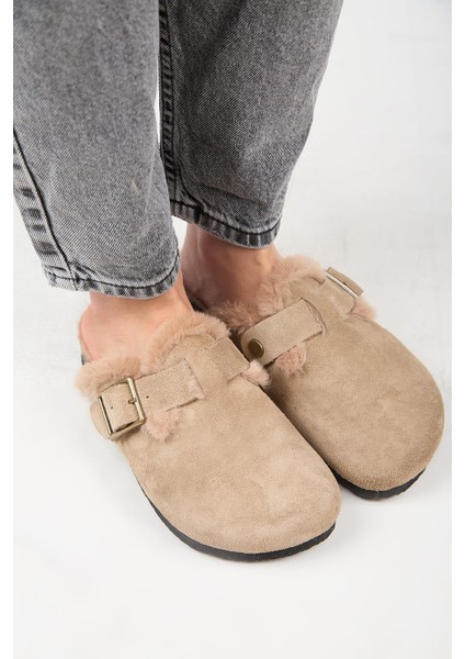 (Zeta 2 Kürklü ) Kadın Deri Kemerli Tokalı Sabo Vizon Terlik fiyatları