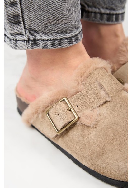 (Zeta 2 Kürklü ) Kadın Deri Kemerli Tokalı Sabo Vizon Terlik modelleri