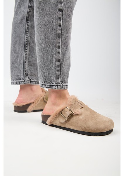 (Zeta 2 Kürklü ) Kadın Deri Kemerli Tokalı Sabo Vizon Terlik fırsatları