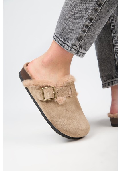 (Zeta 2 Kürklü ) Kadın Deri Kemerli Tokalı Sabo Vizon Terlik indirimleri