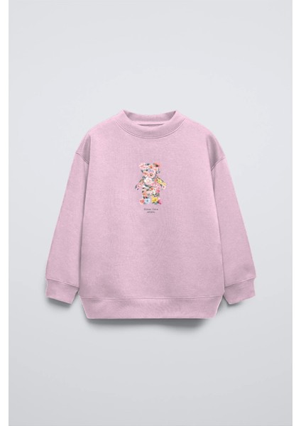 Pembe Çocuk Çiçekli Ayıcık Baskılı Bisiklet Yaka Oversize Sweatshirt
