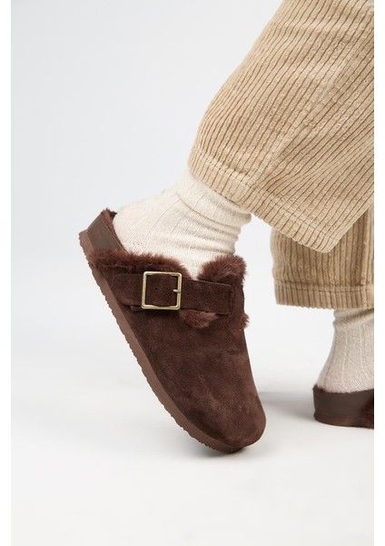 (Zeta 2 Kürklü ) Kadın Deri Kemerli Tokalı Sabo Kahve Terlik