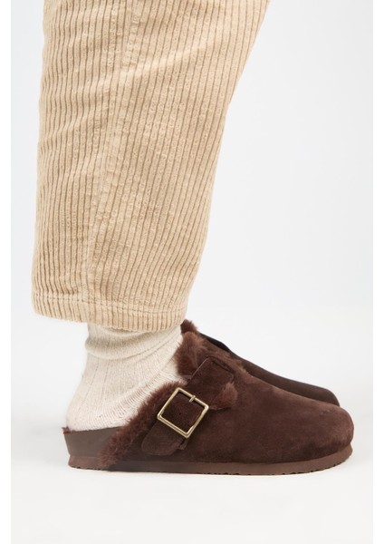 (Zeta 2 Kürklü ) Kadın Deri Kemerli Tokalı Sabo Kahve Terlik fiyatları