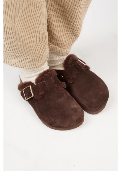 (Zeta 2 Kürklü ) Kadın Deri Kemerli Tokalı Sabo Kahve Terlik modelleri