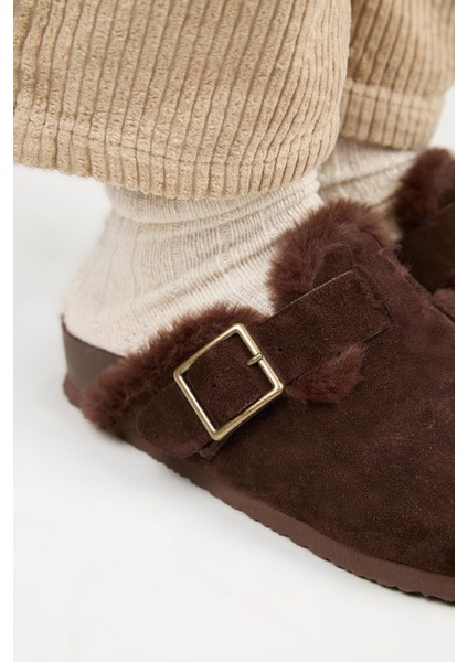 (Zeta 2 Kürklü ) Kadın Deri Kemerli Tokalı Sabo Kahve Terlik fırsatları