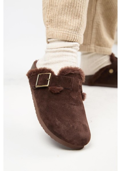 (Zeta 2 Kürklü ) Kadın Deri Kemerli Tokalı Sabo Kahve Terlik indirimleri