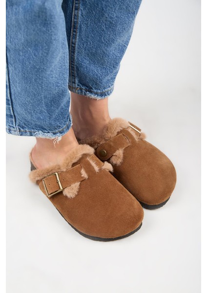 (Zeta 2 Kürklü ) Kadın Deri Kemerli Tokalı Sabo Taba Terlik fiyatları