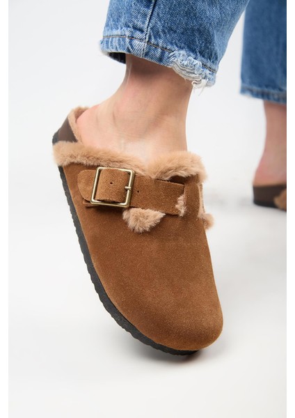 (Zeta 2 Kürklü ) Kadın Deri Kemerli Tokalı Sabo Taba Terlik fırsatları