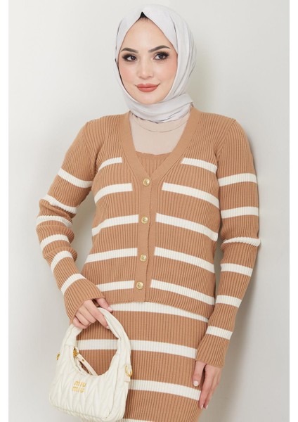 Çizgili Ceketli Jile Triko Takım Camel HM2634