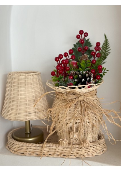 Rattan Set Masa Lambası-Düzenleyici Sepet-Vazo & Kokina Seti Yılbaşı Konsept
