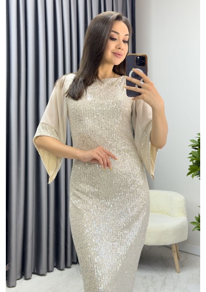 Kadın Midi Boy Pulpayet Şifon Tasarım Yarım Kol Büyük Beden Abiye Elbise Siyah, Lacivert, Zümrüt Yeşil, Bej,Bordo fiyatları