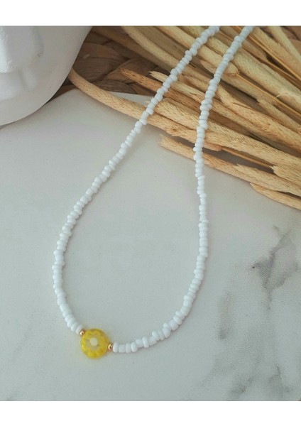 Kadın Beyaz Kum Boncuk Sarı Murano Kolye