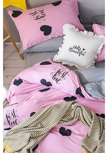 Lastikli Çarşaflı Nevresim Takımı Tek Kişilik Just Love Pembe