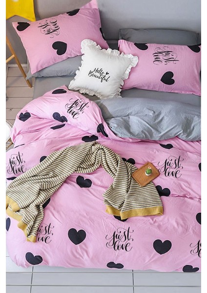 Lastikli Çarşaflı Nevresim Takımı Tek Kişilik Just Love Pembe