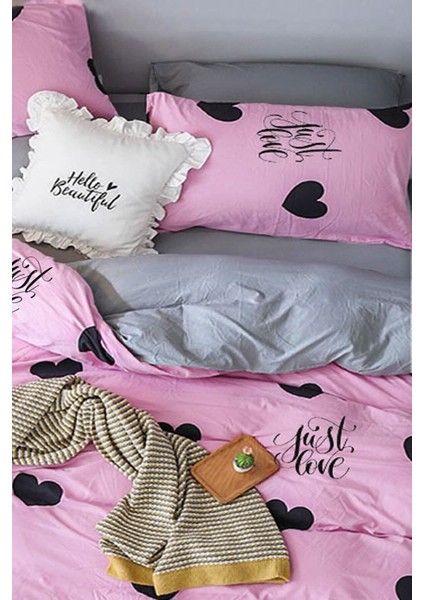 Lastikli Çarşaflı Nevresim Takımı Tek Kişilik Just Love Pembe