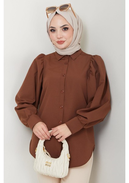 Balon Kol Gömlek Kahverengi HM2639 modelleri