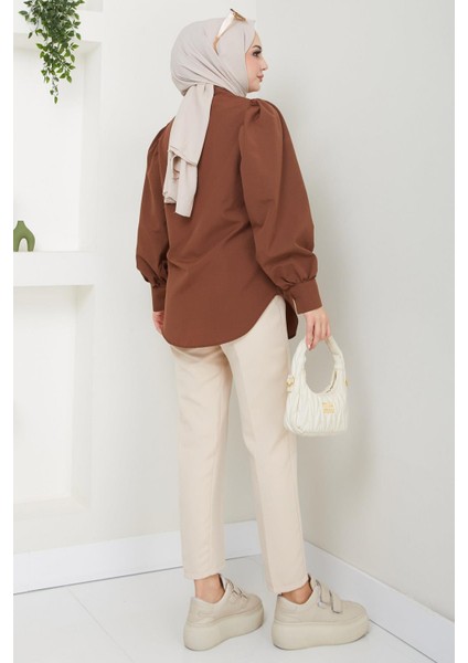 Balon Kol Gömlek Kahverengi HM2639 indirimleri