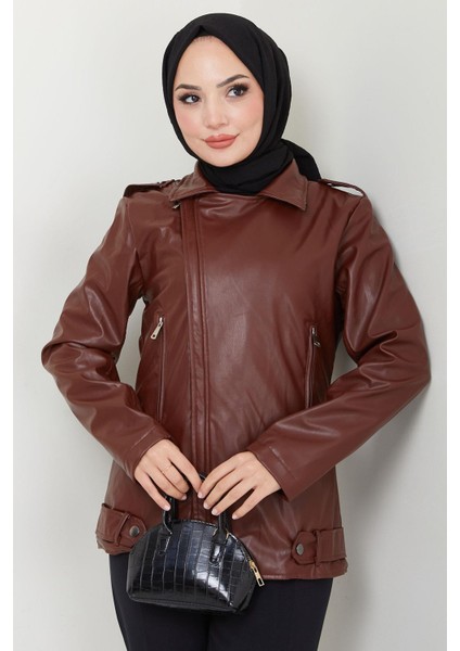 Fermuarlı Kısa Suni Deri Mont Kahverengi HM2343