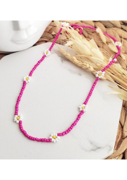 Beyaz Papatyalı Pembe Kolye