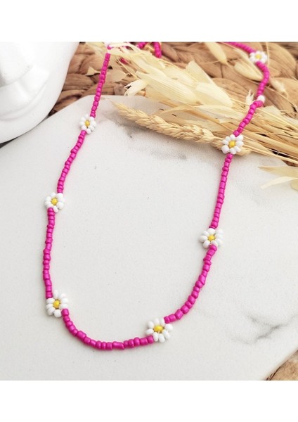 Beyaz Papatyalı Pembe Kolye fiyatları