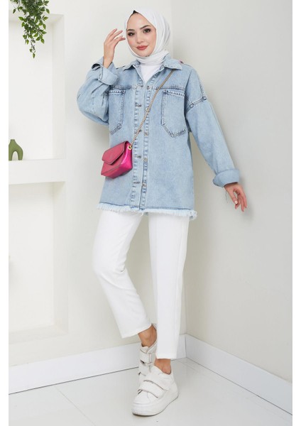 Çift Cepli Oversize Kot Ceket Mavi HM2578