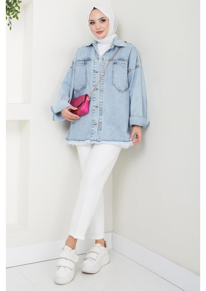 Çift Cepli Oversize Kot Ceket Mavi HM2578