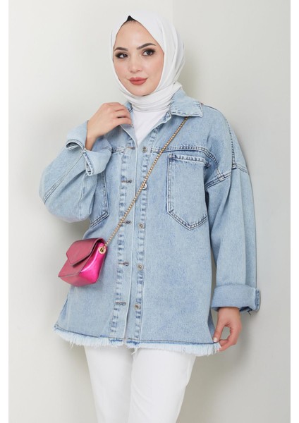 Çift Cepli Oversize Kot Ceket Mavi HM2578