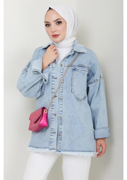 Çift Cepli Oversize Kot Ceket Mavi HM2578