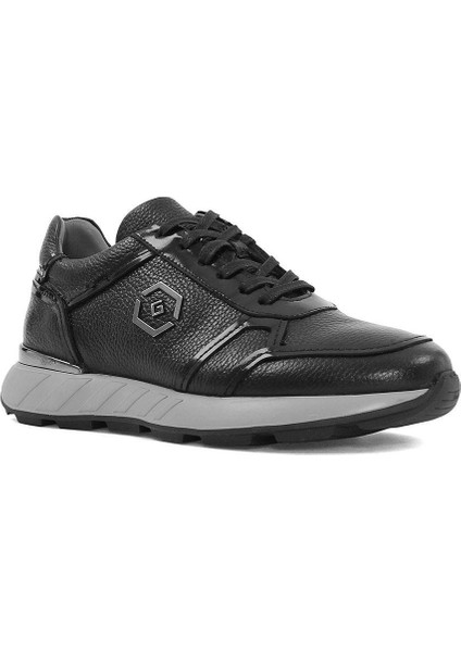 Erkek Siyah Bağcıklı Kalın Tabanlı Deri Sneaker