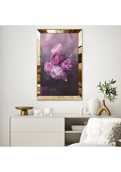 Gold Aynalı Pleksi Çerçeveli Doğada Pembe Şakayık Çiçekleri Çizim Tablo