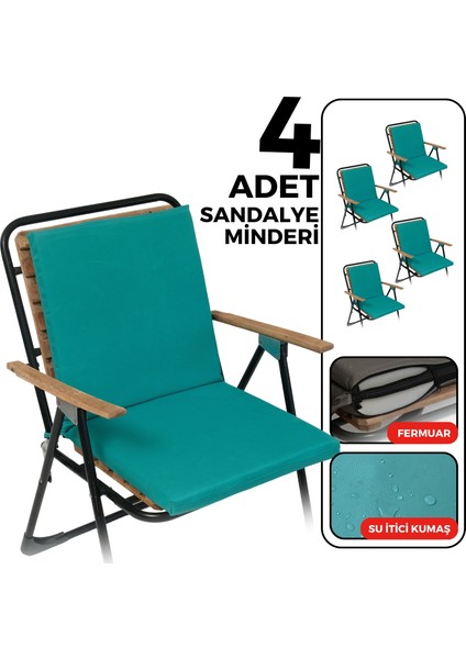 4'lü Sandalye Minderi Su Itici Kumaş 40X40 cm Sünger Sırtlıklı Sandalye Minderi Bağcıklı Turkuaz