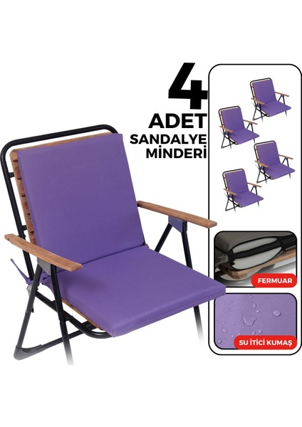 4'lü Sandalye Minderi Su Itici Kumaş 40X40 cm Sünger Sırtlıklı Sandalye Minderi Bağcıklı Mor